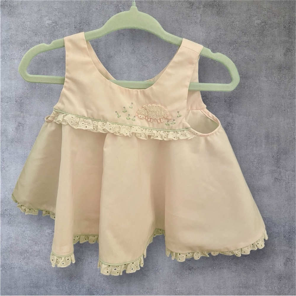 Vintage Rare Petit Ami Soft Pink Baby Dress-12M- Embroidered Sheep & Lace